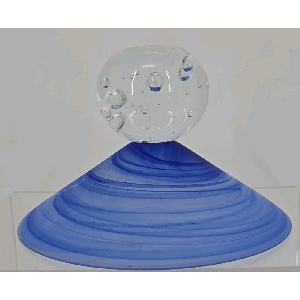 Satin blue Swirl Compote  Polished  Clear Glass Base W/ Bubbles 7